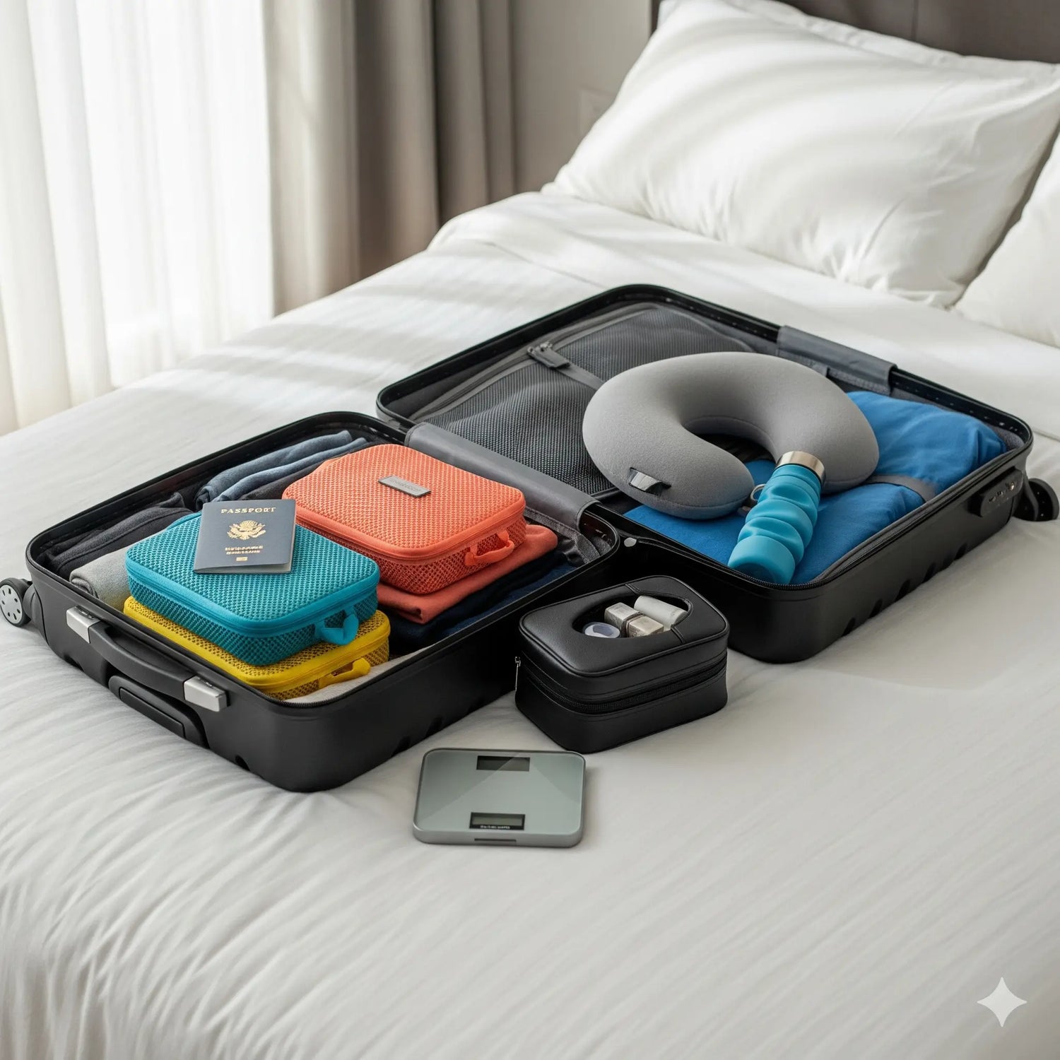 Valigia aperta su un letto bianco con organizer colorati, cuscino da viaggio memory, borraccia pieghevole, beauty case, bilancia digitale e passaporto – accessori da viaggio in vendita su DAMASO SHOP.