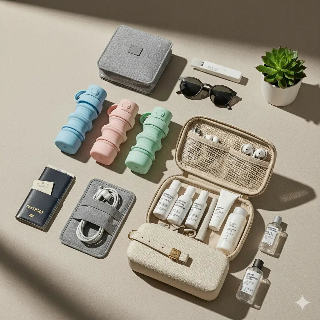 Borracce pieghevoli, beauty travel kit